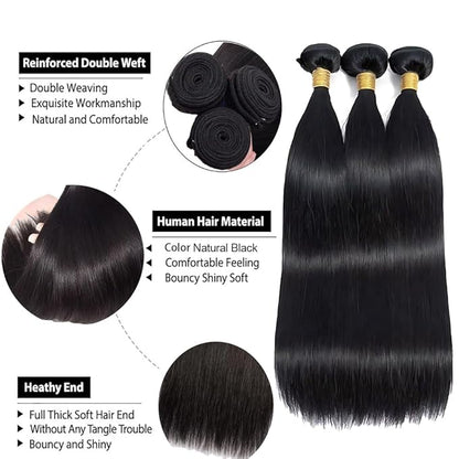 Straight Bundles Human Hair 3 Bundles 24 26 28 Inch Natural Color Double Weft Unprocessed Brazilian Virgin Remy Hair Straight Bundle Silky and Soft
