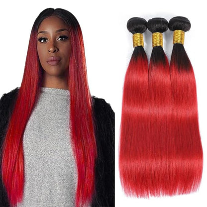 24 26 28 inch 1B/Red Human Hair Bundles Two Tone Brazilian Virgin Remy Hair Extensions Black Roots To Red Straight Human Hair Bundles Soft and Silky For Women