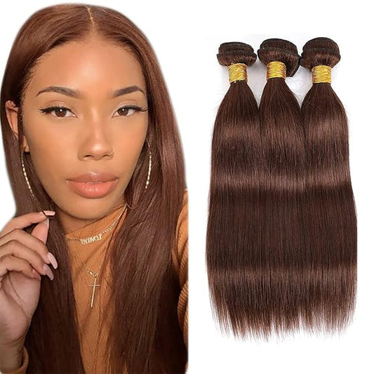 #4 Brown Bundles Human Hair Straight Bundles 16 16 16 Inch Human Hair Weave 3 Bundle Unprocessed Brazilian Virgin Hair Chocolate Brown Straight Human Hair Extensions 50 Grams/Bundle