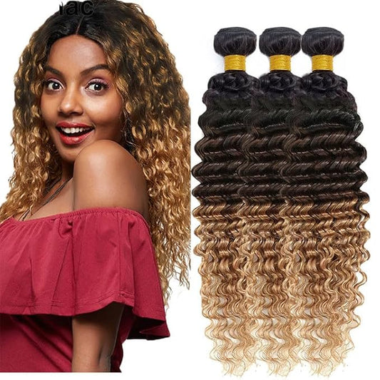 Ombre Human Hair Bundles T1B4/27 Deep Wave Bundles Brazilian Grade 8A Virgin Hair Extensions 14 16 18 Inch Double Weft 3 Tone Brown and Honey Blonde Bundle