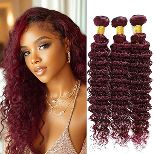 99j Human Hair Burgundy Deep Wave Bundles Wine Red Human Hair Deep Wave Bundles Brazilian Wet and Wavy Soft Silky for Black Woman 12 14 16 Inch