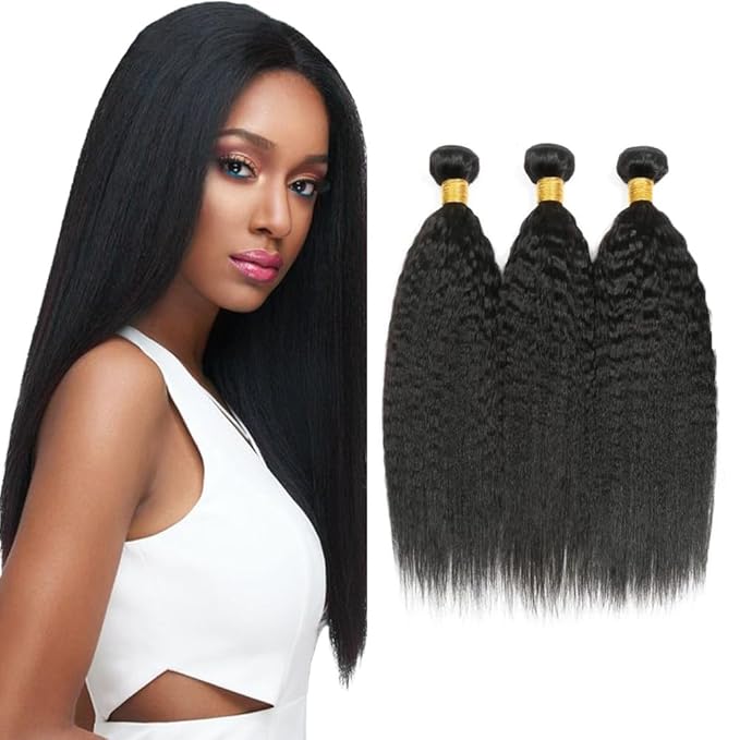 #1B Human Hair Bundles Yaki Straight Bundles 26 28 30 Inch Unprocessed Brazilian Virgin Hair Weave 3 Bundle Kinky Straight Human Hair Extensions Natural Color 50 Grams Per Bundle For Woman