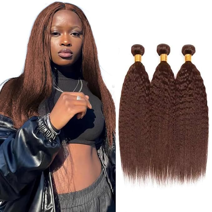 Brown Yaki Straight Human Hair Bundles Chocolate Brown Kinky Straight Bundles Hair Extensions 16 18 20 Inch Grade 8A Brazilian Virgin Remy Hair 3 Bundles Double Weft Real Color 4 Hair Weave