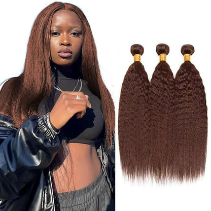Brown Yaki Straight Human Hair Bundles Chocolate Brown Kinky Straight Bundles Hair Extensions 16 18 20 Inch Grade 8A Brazilian Virgin Remy Hair 3 Bundles Double Weft Real Color 4 Hair Weave