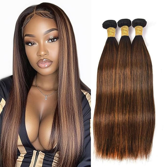 P430 Straight Bundles Highlight Straight Human Hair Bundles Brown and Light Brown two tone Brazilian Human Hair Soft and Silky for Black Women 08 10 12 Inch
