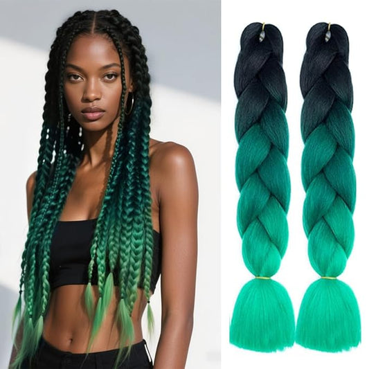 6 Packs Ombre Jumbo Braiding Hair Extensions 24 Inch High Temperature Synthetic Fiber Hair Extensions for Box Braids Braiding Hair (Black to Deep Green to Green)