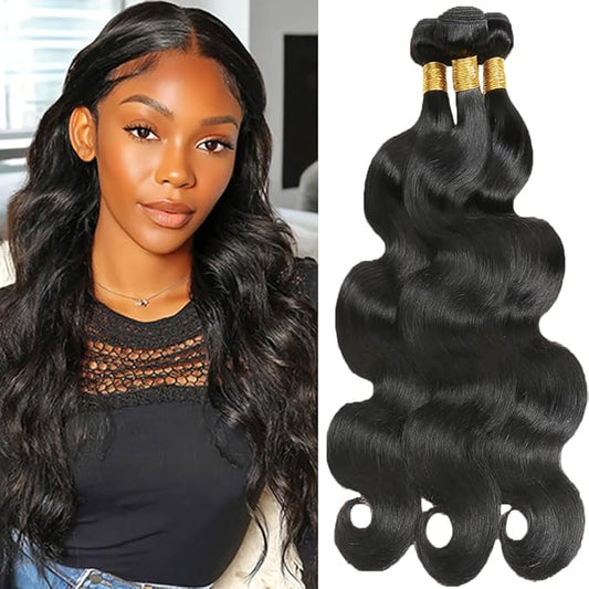 Color 1B Human Hair Body Wave Bundles #1B Body Wave Bundles Double Weft Weave Extensions Brazilian Human Hair Soft and Silky for Black Women 28 28 28 Inch