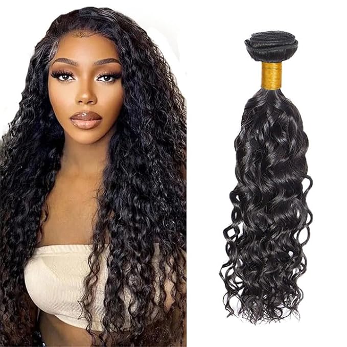 Natural Black Human Hair Bundles Color 1B Water Wave Bundles Single Bundle 20 Inch Grade 8A Brazilian Virgin Remy Hair Extensions Double Weft Hair Weave