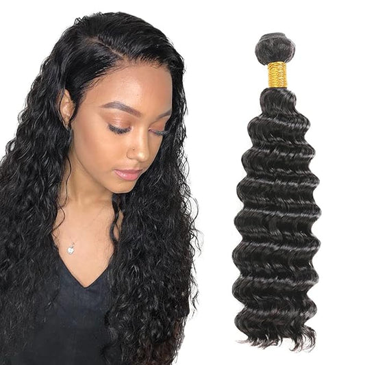 #1B Human Hair Bundles Deep Wave Bundles 28 Inch Unprocessed Brazilian Virgin Hair Weave 1 Bundle 50 Grams Per Bundle Natural Color Bundle Human Hair Extensions