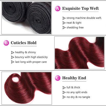 Ombre Human Hair Bundles Burgundy Body Wave Bundles Niegmeag Peruvian Grade 8A Virgin Remy Hair Extensions 12 14 16 Inch 2 Tone Black and Red Bundle