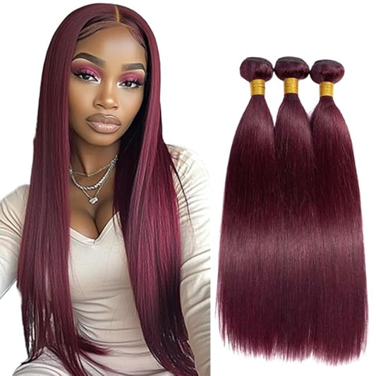 99j Human Hair Burgundy Straight Bundles Wine Red Straight Brazilian Hair Extensions Weave Wet and Wavy Soft Silky for Woman 26 28 30 Inch