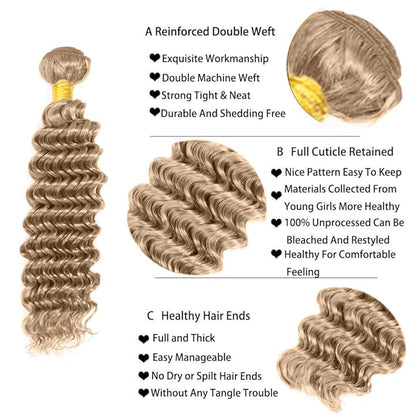 #22 Blonde Bundles Human Hair Deep Wave Bundles 28 Inch Human Hair Weave 1 Bundle Unprocessed Brazilian Virgin Hair Ash Blonde Deep Wave Human Hair Extensions 50 Grams/Bundle