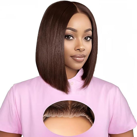 XZZ Chocolate Brown Wear and Go Glueless Wigs Human Hair Pre Plucked Pre Cut 16 Inch 9x6 Brown Bob Wig Human Hair Glueless HD Lace Closure Wig Short Bob Wig Bleached Knots 200% Density for Women