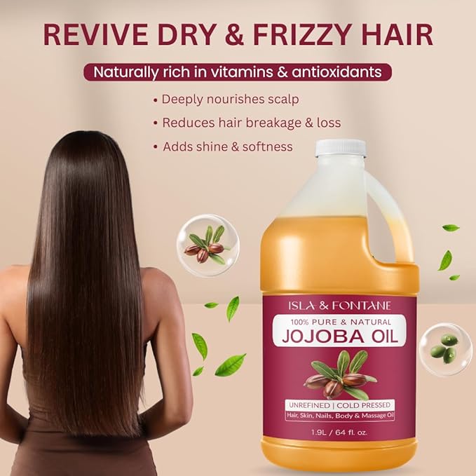 ISLA & FONTANE Jojoba Oil – 64 fl oz | 100% Pure & Natural | Golden, Unrefined, Cold Pressed | Hexane-Free Carrier Oil for Skin, Hair, Face, Nails & Body Moisturizing
