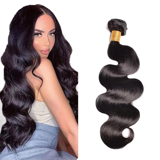 Body Wave Bundles Human Hair Color 1B Bundles Hair Extensions Peruvian Unprocessed Virgin Remy Hair Single Bundle 12 Inch Double Weft Real Natural Black Hair Weave
