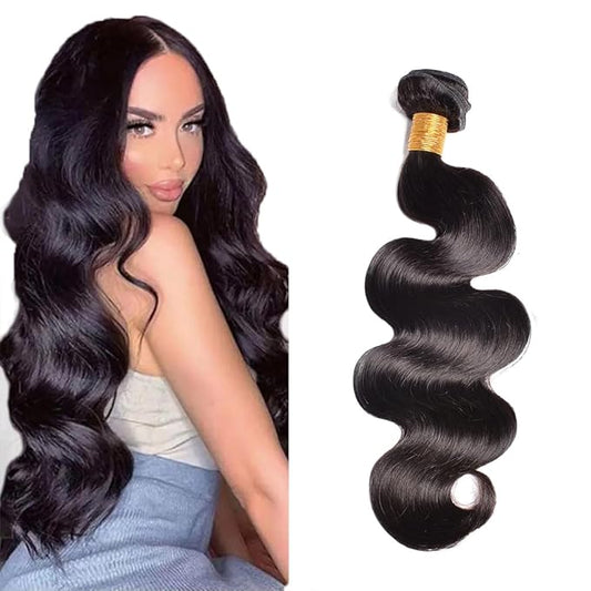 Body Wave Bundles Human Hair Color 1B Bundles Hair Extensions Peruvian Unprocessed Virgin Remy Hair Single Bundle 12 Inch Double Weft Real Natural Black Hair Weave