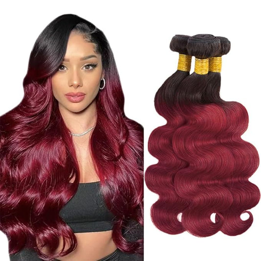 Burgundy Bundles Human Hair 99j Body Wave Bundle Niegmeag 2 Tone Black and Red 3 Bundles 14 16 18 Inch Grade 8A Brazilian Virgin Remy Hair Extensions