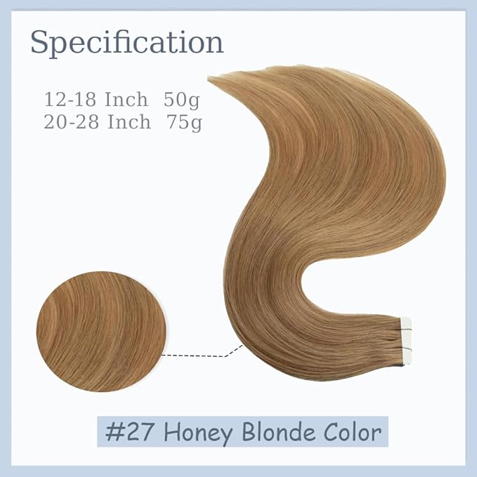 28 Inch Tape In Hair Extensions Color #27 Straight Hair Extensions HuxoWax Double Weft Invisible Honey Blonde VirgIn Soft And Silky Remy Hair