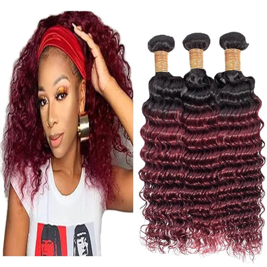 1B99J Bundles Loose Deep Wave Bundles Two Tone Black and Burgundy Deep Wave Brazilian Hair Weave Soft and Silky for Women 8 10 12 Inch