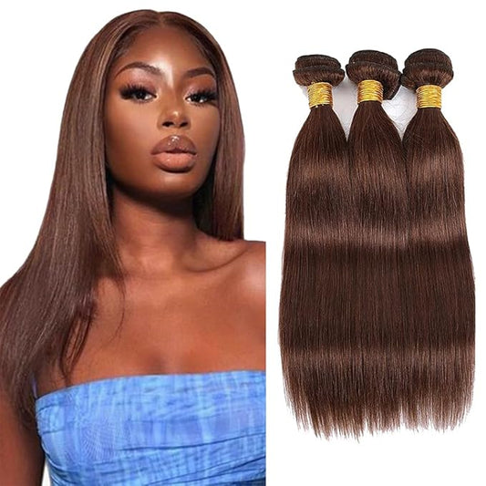 #4 Brown Bundles Human Hair Straight Bundles 24 26 28 Inch Human Hair Weave 3 Bundle Unprocessed Brazilian Virgin Hair Chocolate Straight Human Hair Extensions 50 Grams/Bundle