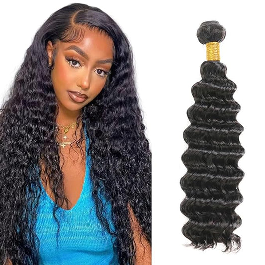 Color 1B Deep Wave Human Hair Bundles Grade 8A Natural Color Deep Wave Bundles Single Bundle 14 Inch Natural Black Deep Wave Bundles