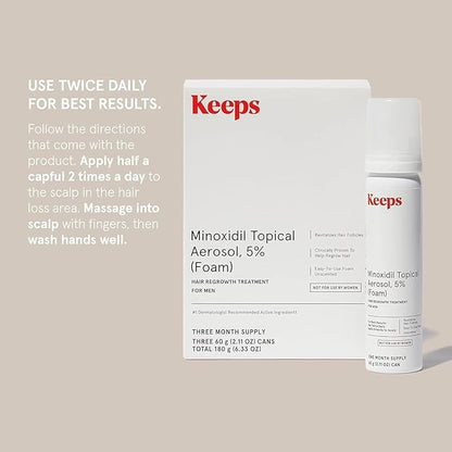 Keeps Extra Strength Minoxidil for Men Topical Aerosol Foam 5%, Hair Growth Treatment - 3 Month Supply (3 x 2.11oz Bottles) - Thicker, Longer Hair - Slows Hair Loss & Promotes Hair Regrowth