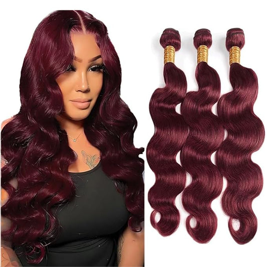 Color 99j Body Wave Bundles Human Hair 24 26 28 Inch Burgundy Body Wave Bundles Wine Red Brazilian Human Hair Extensions fast Weave Soft Silky for Black Woman