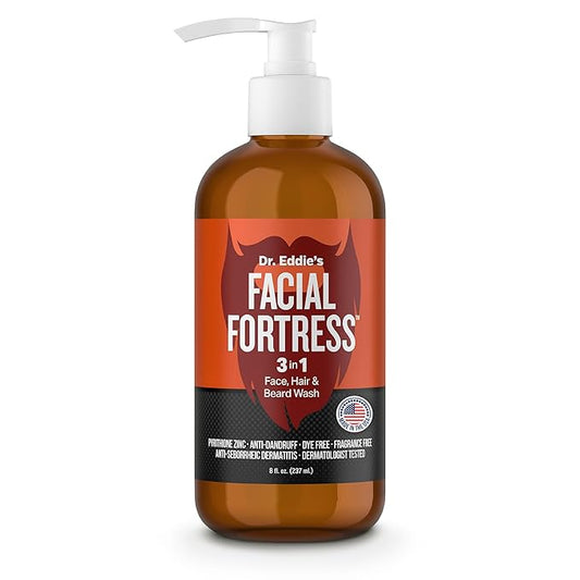 Dr. Eddie's Facial Fortress 3 in 1 Face, Hair, & Beard Wash - Beard and Face Wash for Men, Beard Cleanser, Face Soap, Beard Care, Dandruff Shampoo with Pyrithione Zinc - 8 Fl Oz (Pack of 1)
