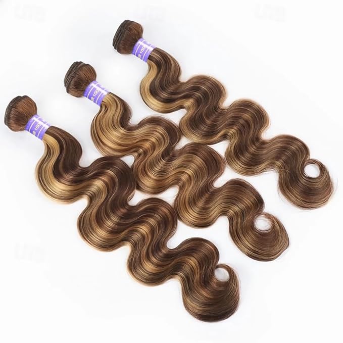 4/27 Body Wave Bundles Honey Blonde Human Hair Bundles Ombre Highlight 22 24 26 Inches Silky and Soft Hair Weft Brazilian Virgin Remy Hair Weave Piano Color for Black Women