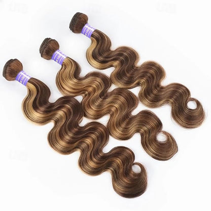 4/27 Body Wave Bundles Honey Blonde Human Hair Bundles Ombre Highlight 22 24 26 Inches Silky and Soft Hair Weft Brazilian Virgin Remy Hair Weave Piano Color for Black Women