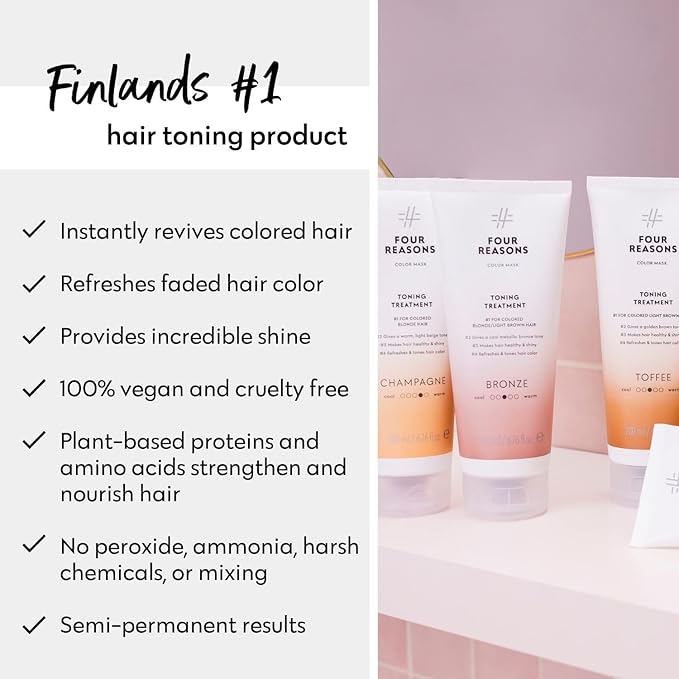 FOUR REASONS Bronze Hair Toner - Color Depositing Shampoo for Treated Hair (8 Colors, Sulfate-Free, Vegan, 8.45 Fl Oz)