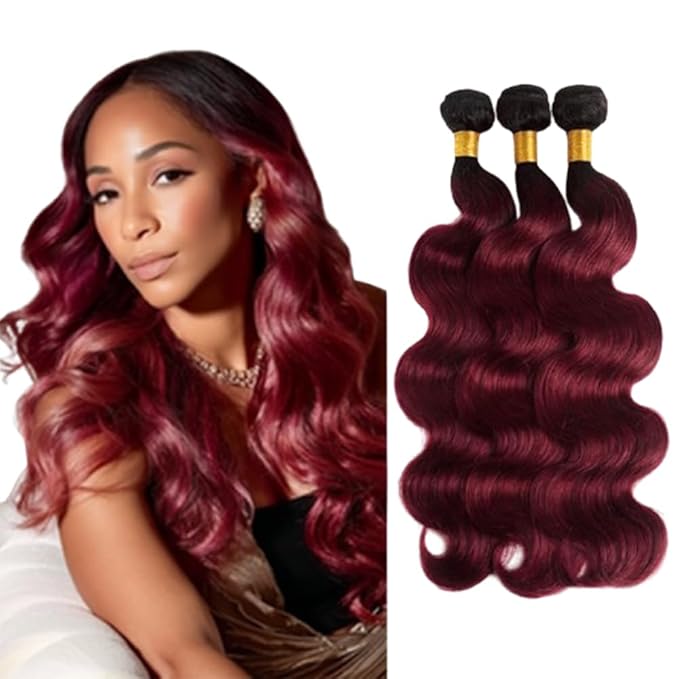 1B99j Ombre Burgundy Body Wave Bundles Black and Burgundy Body Wave Bundles two tone Brazilian Hair Weave Soft and Silky for Women 18 20 22 Inch