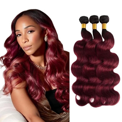 1B99j Ombre Burgundy Body Wave Bundles Black and Burgundy Body Wave Bundles two tone Brazilian Hair Weave Soft and Silky for Women 18 20 22 Inch