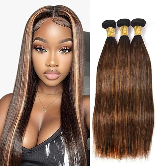 Ombre P430 Straight Bundles Human Hair Highlight Straight Bundles Brown and Light Brown two tone Brazilian Human Hair Soft and Silky for Black Women 26 28 30 Inch