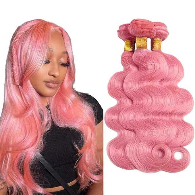 Pink Body Wave Bundles Human Hair Hot Pink Bundle Niegmeag Brazilian Virgin Soft and Skily Remy Hair 3 Bundles 12 14 16 Inch Double Weft Hair Weave
