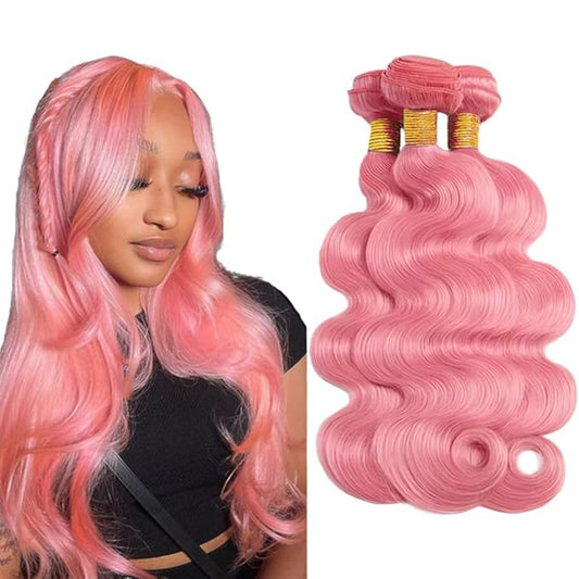 Pink Body Wave Bundles Human Hair Hot Pink Bundle Niegmeag Brazilian Virgin Soft and Skily Remy Hair 3 Bundles 12 14 16 Inch Double Weft Hair Weave