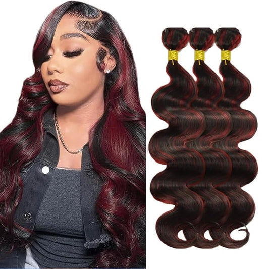 P1b99j Body Wave Bundles Highlight Human Hair Bundles 24 26 28 Inch Double Weft 2 Tone Black and Red Body Wave Bundle Hair Weave