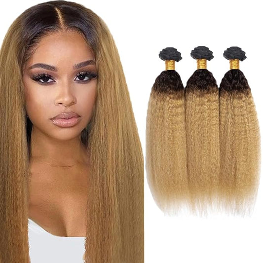 1B27 Human Hair Bundles Ombre Kinky Straight Bundles Niegmeag Hair 2 Tone Black and Honey Blonde Bundle 16 18 20 Inch Peruvian Unprocessed Virgin Hair Extensions
