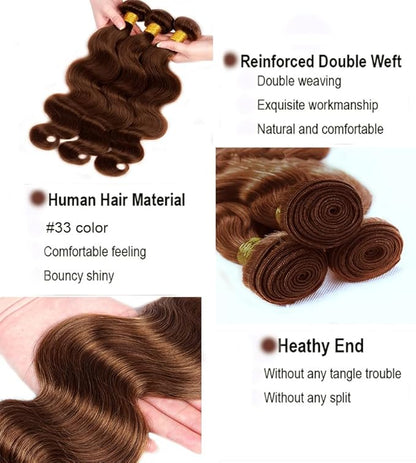 auburn Body Wave Bundles reddish brown Bundle human hair Color 33 Human Hair Bundles 16 18 20 Inch Unprocessed Brazilian Remy Hair Extensions Silky Soft 3Pcs/Set
