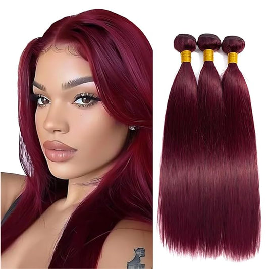 Burgundy 99j Straight Human Hair Bundles 16 18 20 Inch Wine Red Straight Bundles Double Weft Brazilian Virgin Hair Extensions Soft and Silky Wine Red 99j Color for Women