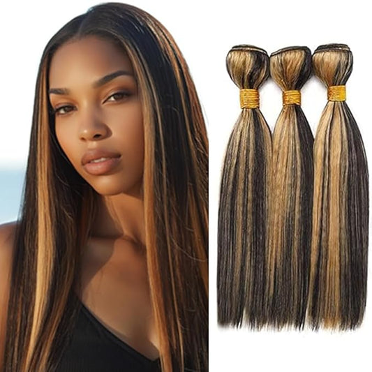 Ombre P1B27 Straight Bundles Two Tone Black Mixed With Honey Blonde Human Hair Highlight Bundles Brazilian Weave Soft and Silky for Black Women 26 26 26 Inch