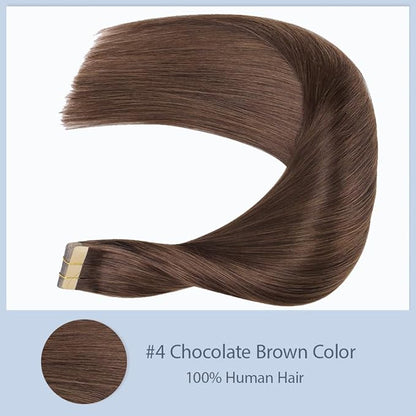 26 Inch Tape In Hair Extensions Color #4 Straight Hair Extensions HuxoWax Double Weft Invisible Brown VirgIn Soft And Silky Remy Hair