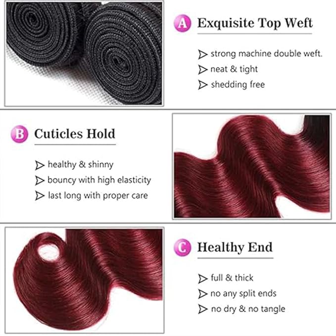 1B99J Body Wave Bundles Black Mixed With Burgundy Body Wave Bundles two tone Brazilian Hair Extensions Soft and Silky for Women 24 26 30 Inch