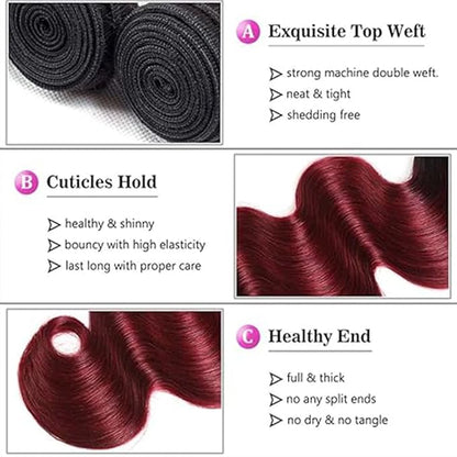 1B99J Body Wave Bundles Black Mixed With Burgundy Body Wave Bundles two tone Brazilian Hair Extensions Soft and Silky for Women 24 26 30 Inch