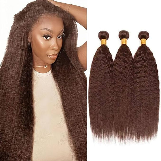 30 32 34 Inch Color 4 Bundles Human Hair Dark Brown Kinky Straight Bundles Niegmeag Brazilian Virgin Soft and Sikly Remy Hair Extensions Dark Brown Color