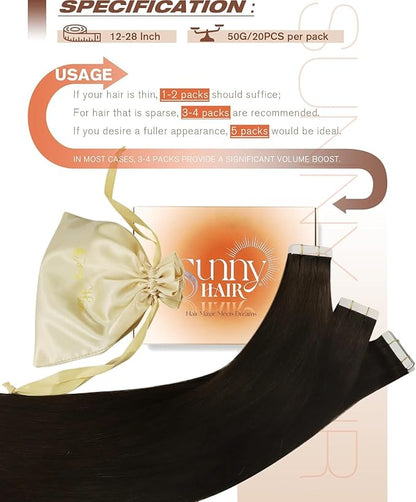 Sunny Hair Tape in Hair Extensions Real Human Hair Invisible Remy Hair Extensions Tape ins for Women Darker Brown 24 inch 20Pcs 50G
