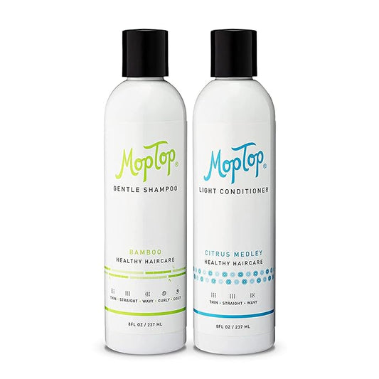 MopTop Lightweight Curly Hair Shampoo and Conditioner Set – Gentle Shampoo + Light Conditioner, Reduces Frizz & Restores Dry Damaged Hair, Sulfate & Paraben Free – Wavy, Curly, Coily, Kinky (Set of 3)