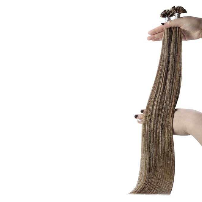 YoungSee Highlight U Tip Hair Extensions Human Hair Brown with Blonde U Tips Human Hair Extensions Brown Utip Real Hair Extensions Brown Hot Fusion Extensions Highlight K Tip Extensions 22In 1G/S 50G