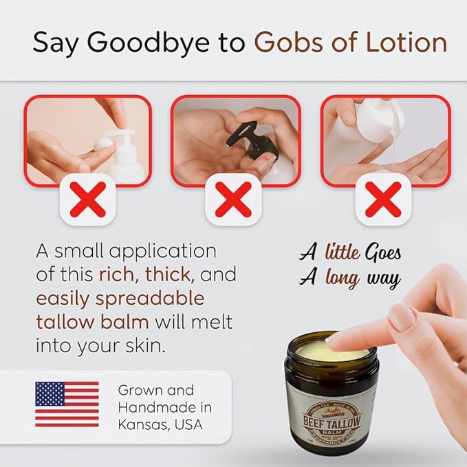 Beef Tallow Balm - 4 oz - Made in USA - Organic Grass Fed and Finished Tallow - Moisturizing Skin Care Peppermint