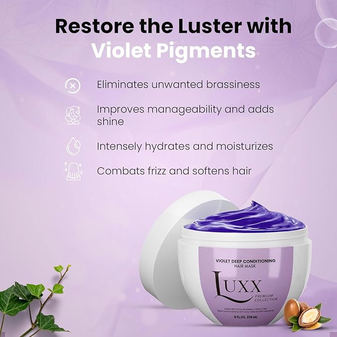 Luxx Violet Deep Conditioning Hair Mask by Moehair USA, Inc - Hydrating Purple Hair Mask for Color-Treated Hair, 8 Fl. Oz - Neutralizes Yellow Tones & Brassiness, Vegan, Paraben & Sulfate-Free